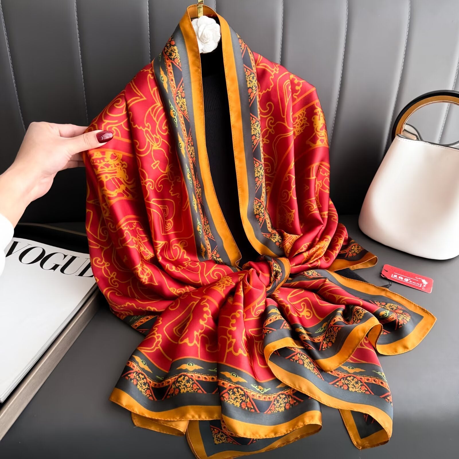 Retro ethnic style blessing character printing long silk scarf, simple and elegant temperament women's outer shawl, hand-in-hand gift silk scarf