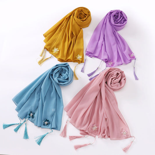 newdiamond tassel monochrome pearl chiffon  women's head scarf hijab