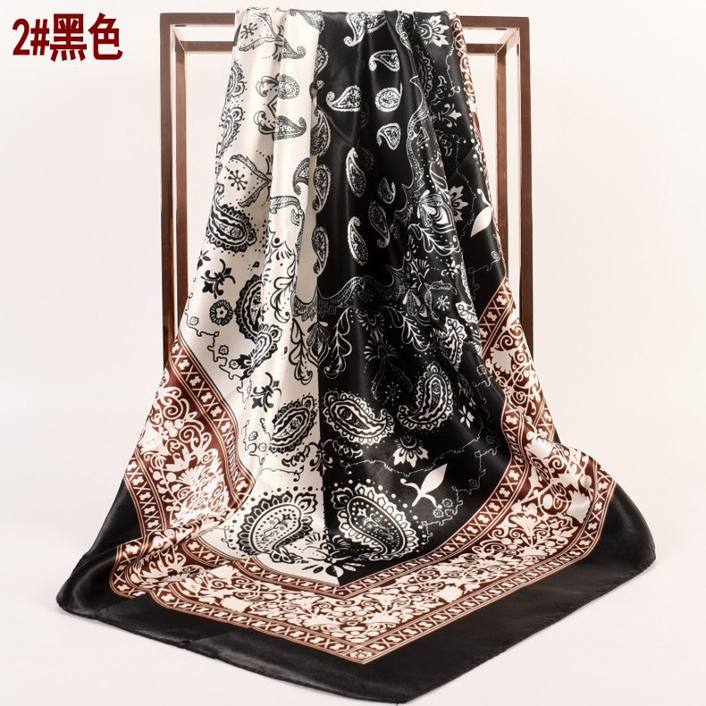 Spring and Autumn New 90cm Printed Satin Large Square Scarf Two-Color Cashew Nut Women's Fashion Scarf Silk Scarf Headscarf Shawl
