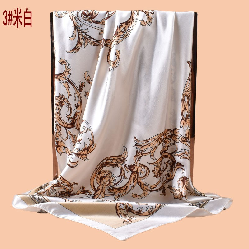 2025 new 90cm-satin flower vine printed square scarf with sunscreen, head silk scarf decorative scarf