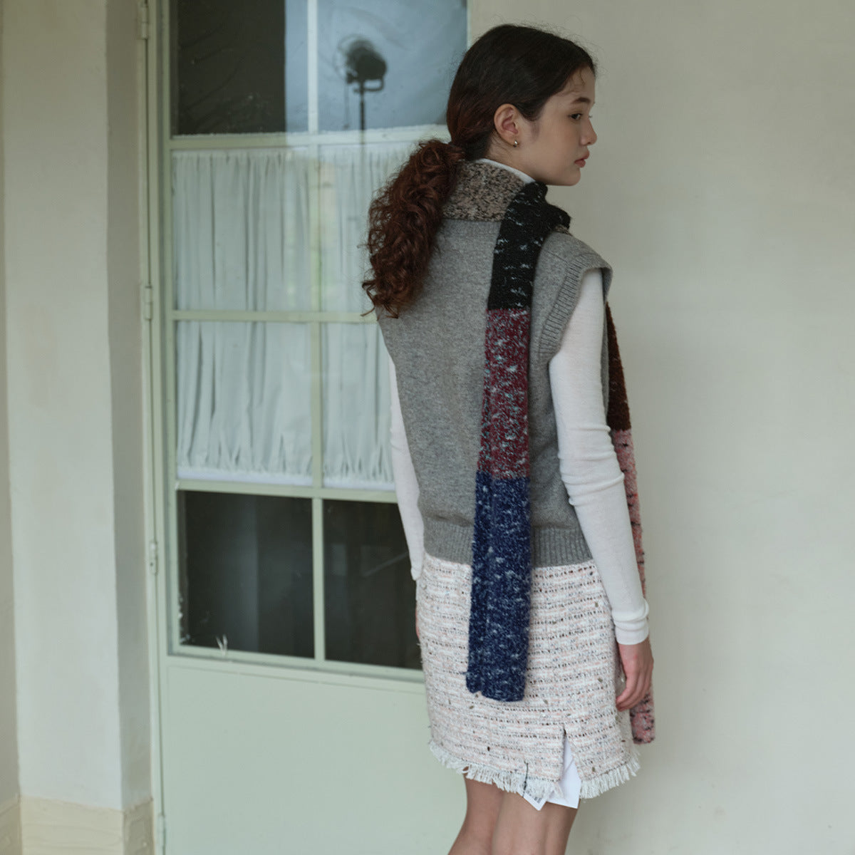 Japanese retro knitted wool thickened scarf women's autumn and winter soft color splicing atmosphere decorative scarf