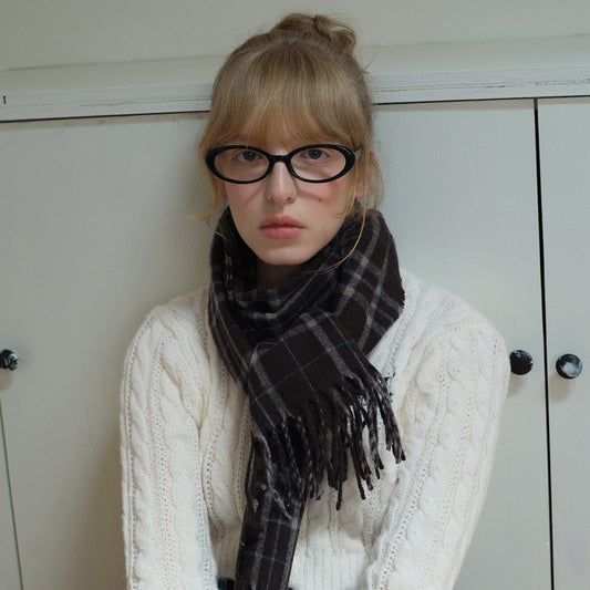 Swedish designer neutral wool blended brown plaid scarf women's autumn and winter warm plaid fringed scarf