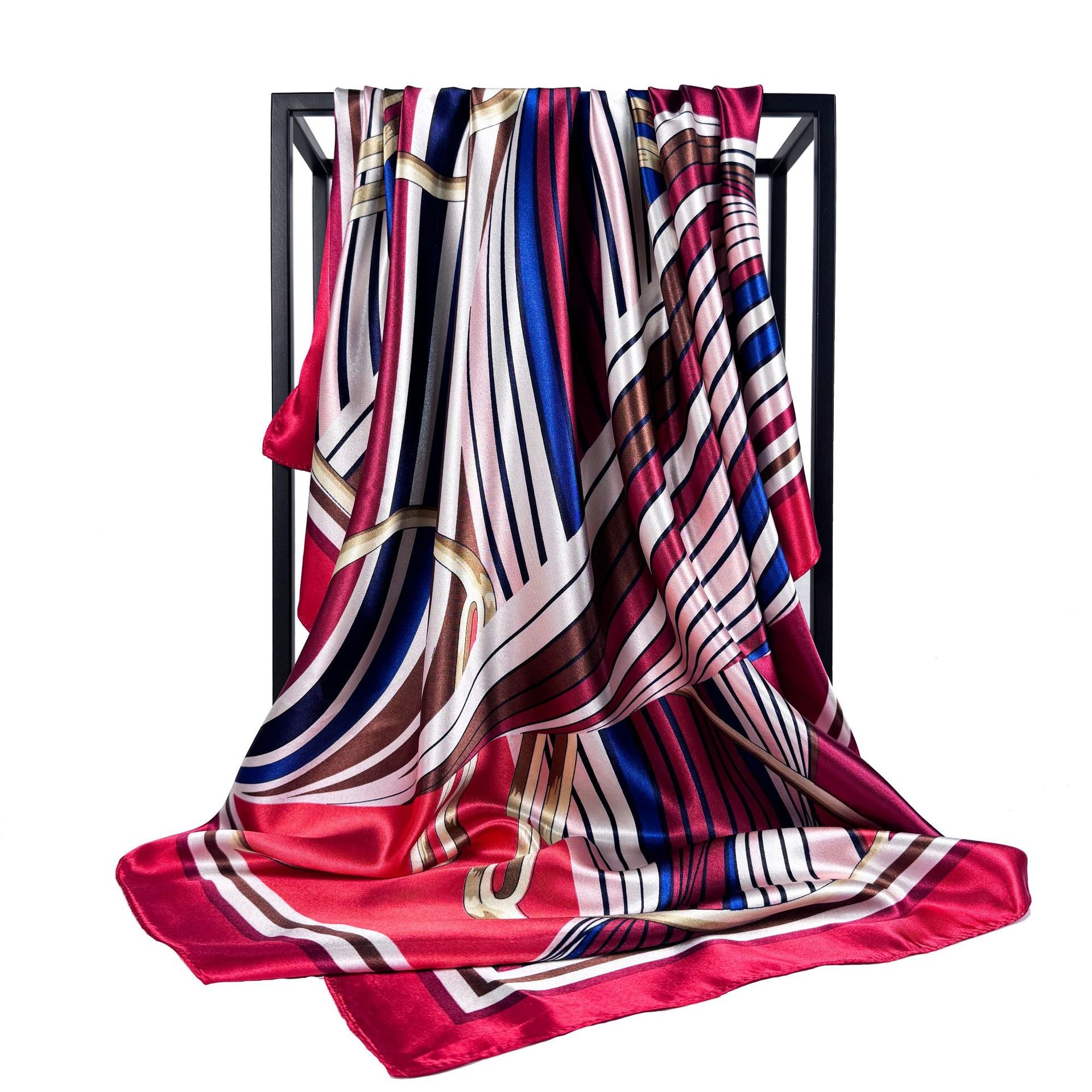 European and American fashion geometric line printed silk scarf, imitation silk satin 90 square scarf, Indonesian ethnic women's bag head scarf