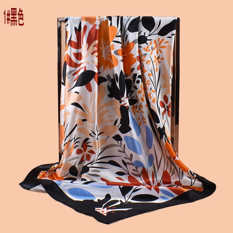 2025 new 90cm-satin cartoon flower versatile printed square scarf with sunscreen, bag head silk scarf decoration, scarf