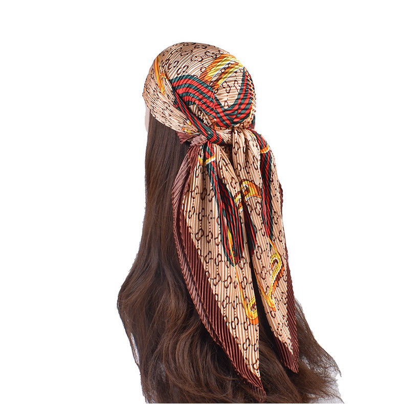 New French chain ring pattern printed pleated 90-color large square towel, head towel simulation silk