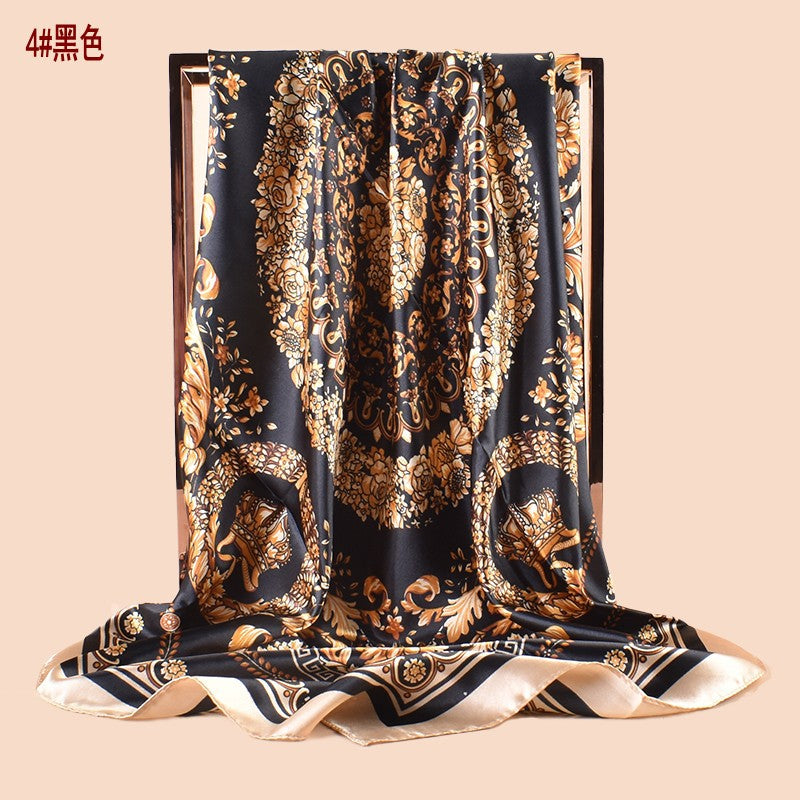 Spring new fashionable versatile large shawl imitation silk retro totem printed silk scarf head scarf 90 satin square scarf