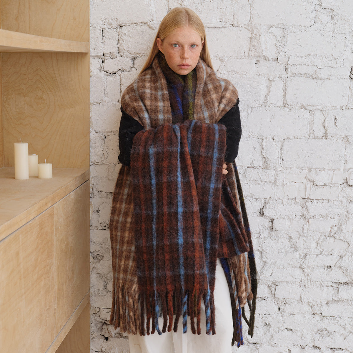 Wool blended coarse tassel plaid scarf women's autumn and winter increase lazy style Korean color matching shawl scarf