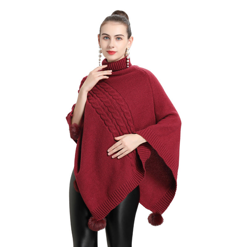 Spring new temperament cape shawl medium and long hairball turtleneck pullover knitted sweater cape 0939 #