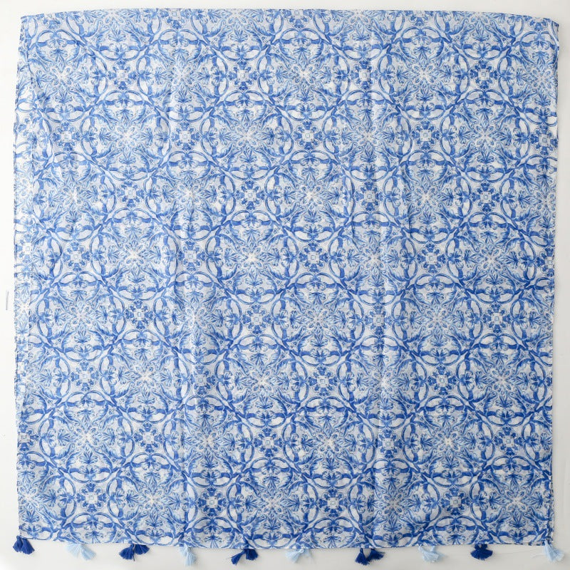 Bohemian exotic ethnic style blue blue and white porcelain geometric fringed shawl
