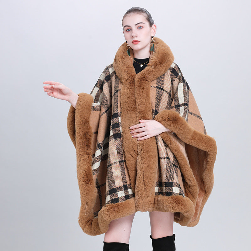 European and Korean autumn and winter new cape shawl fleece thickened plaid fur collar hooded knitted shawl scarf shawl 0992