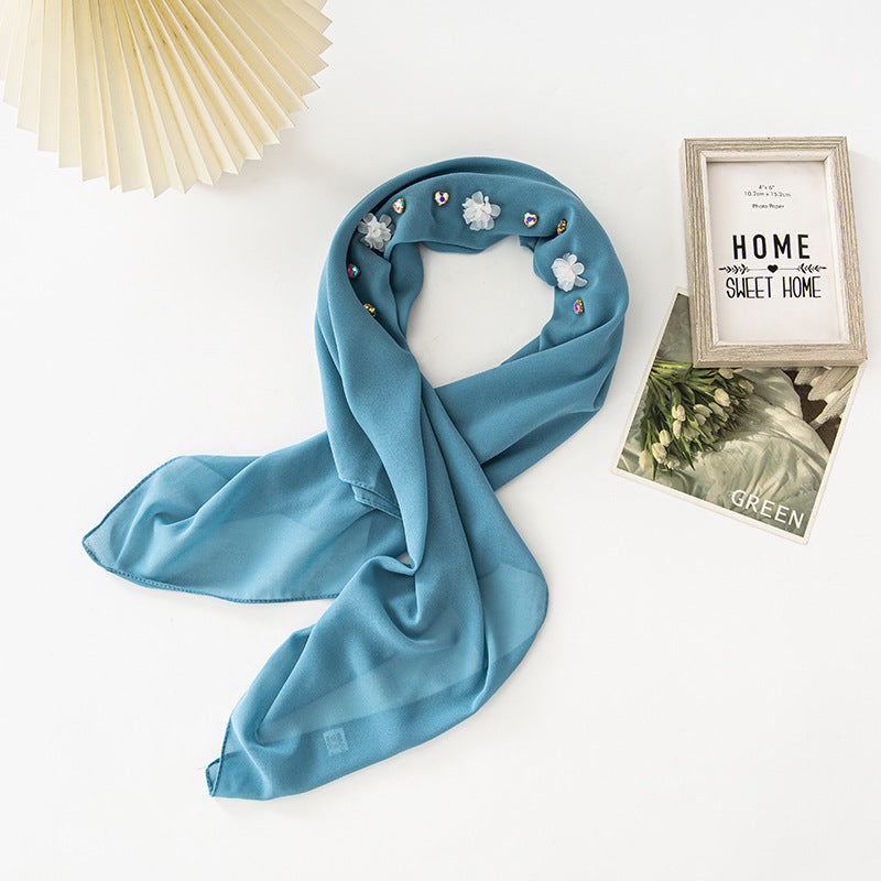New Pearl Chiffon Three Resin Flower Scarf Headscarf Middle East and Africa 90CM Square Scarf