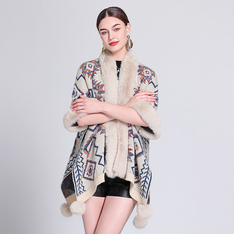 Autumn and winter new ethnic style hairball cape cape cape with jacquard loose knitted cardigan jacket women