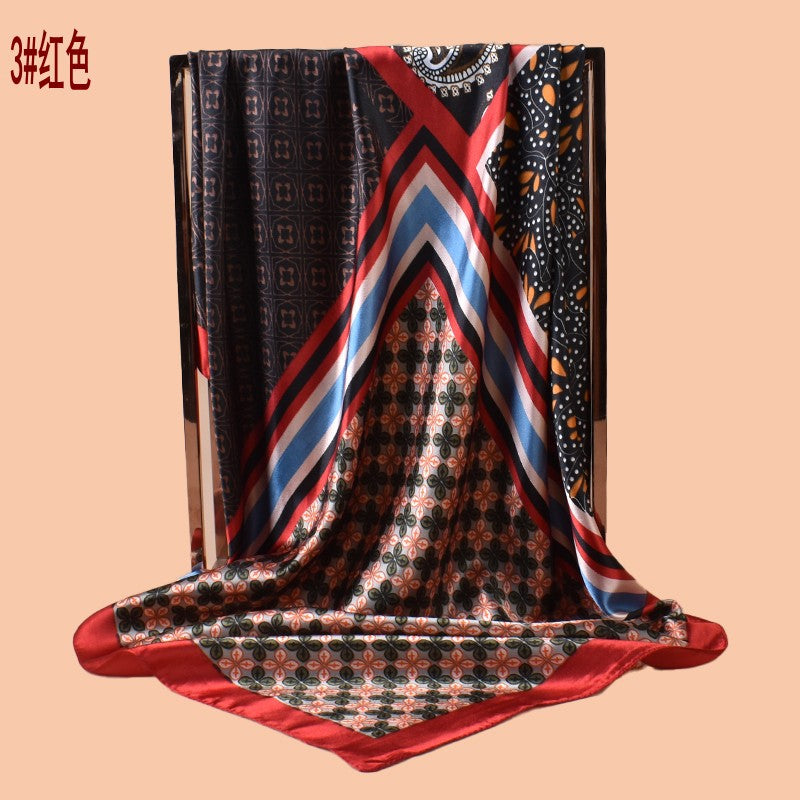 2025 new 90-satin combination pattern versatile printed square scarf with sunscreen, bag head silk scarf decoration, scarf