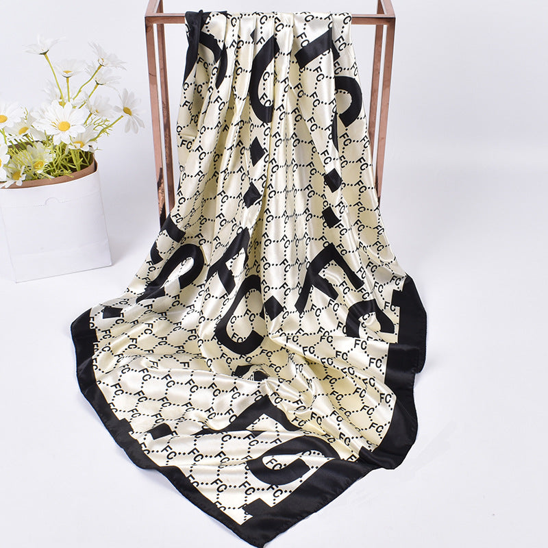 New fashionable rhombus letter pattern printing 90-satin large square towel, headscarf