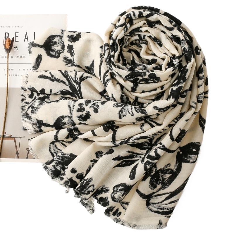 Vintage ethnic style cotton and linen feel scarf plant flower branch silk scarf thick shawl ladies