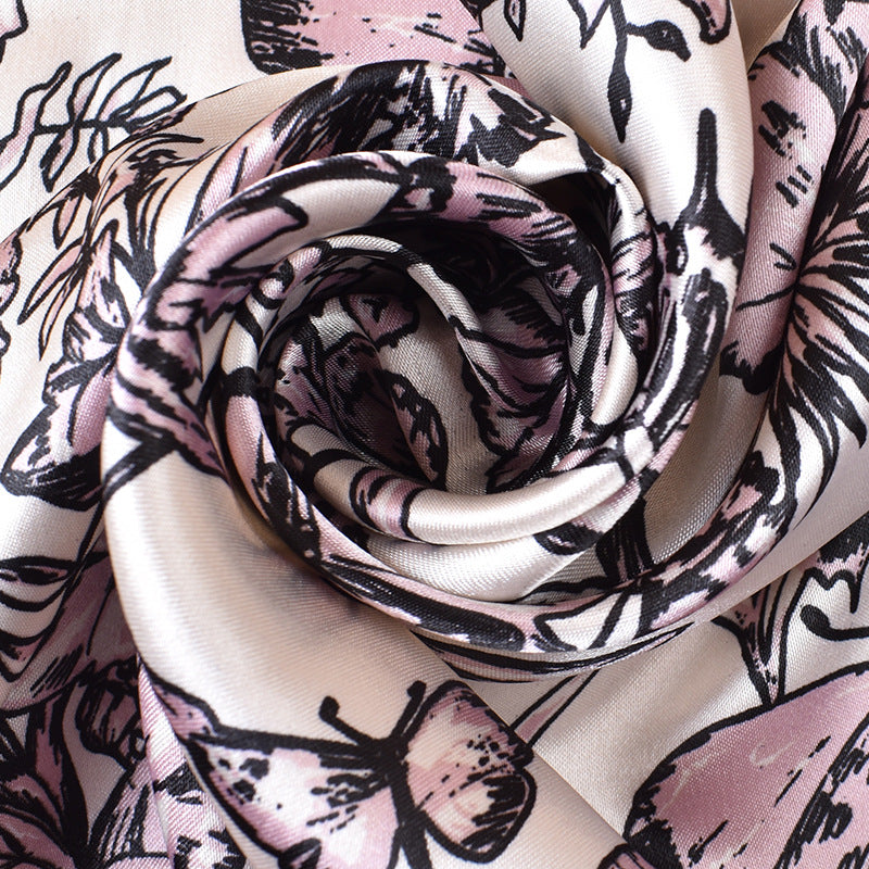 Spring and summer scarf butterfly flying printing versatile decorative scarf headscarf silk scarf 90cm high-quality satin square scarf