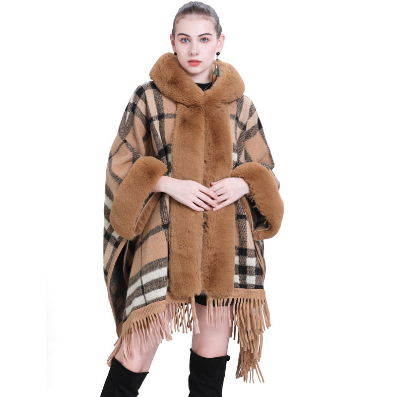 European and American large size coat fur collar plaid hooded fringed cape shawl knitted shawl cardigan 1534