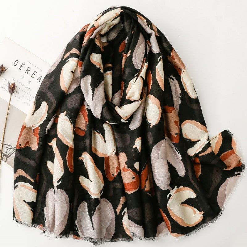 Stylish and simple commuter cotton and linen feel scarf plant flower burr silk scarf thick shawl