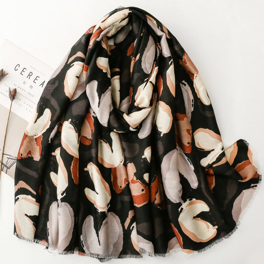 Stylish and simple commuter cotton and linen feel scarf plant flower burr silk scarf thick shawl