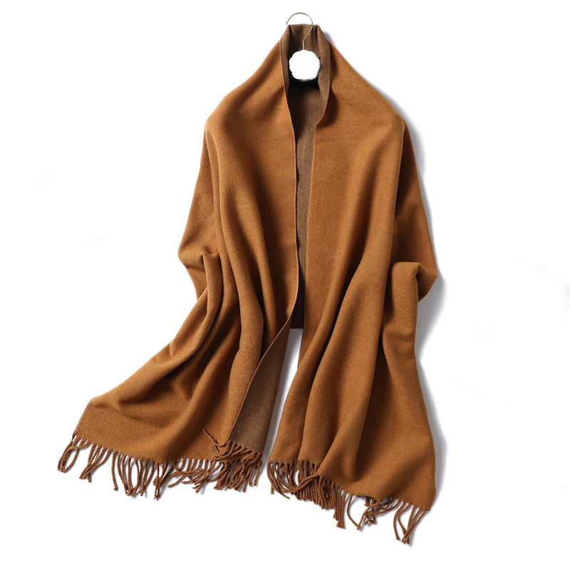 Simple solid color imitation cashmere scarf men's and women's winter thickened warm double-sided two-color versatile fringed shawl core-spun yarn