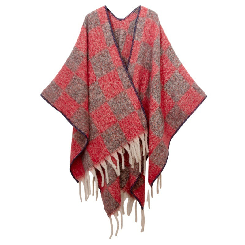 New European, American autumn and winter circle yarn imitation mohair thickened jacquard checkered cross shawl