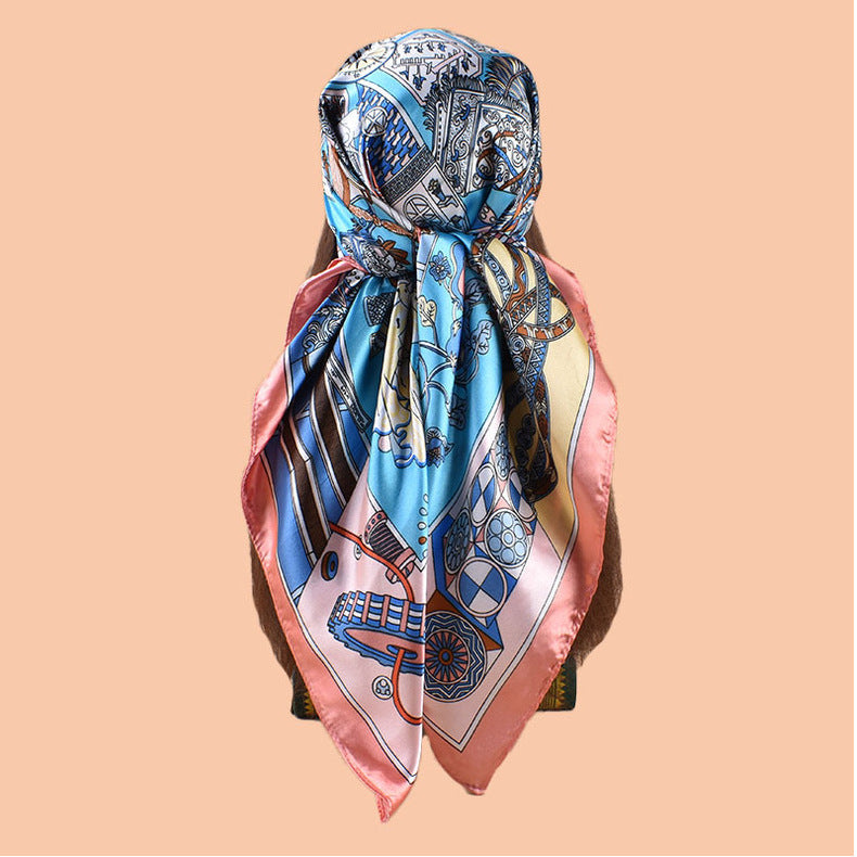 2025 new 90cm-satin geometric retro printed square scarf with sunscreen bag head silk scarf decorative scarf