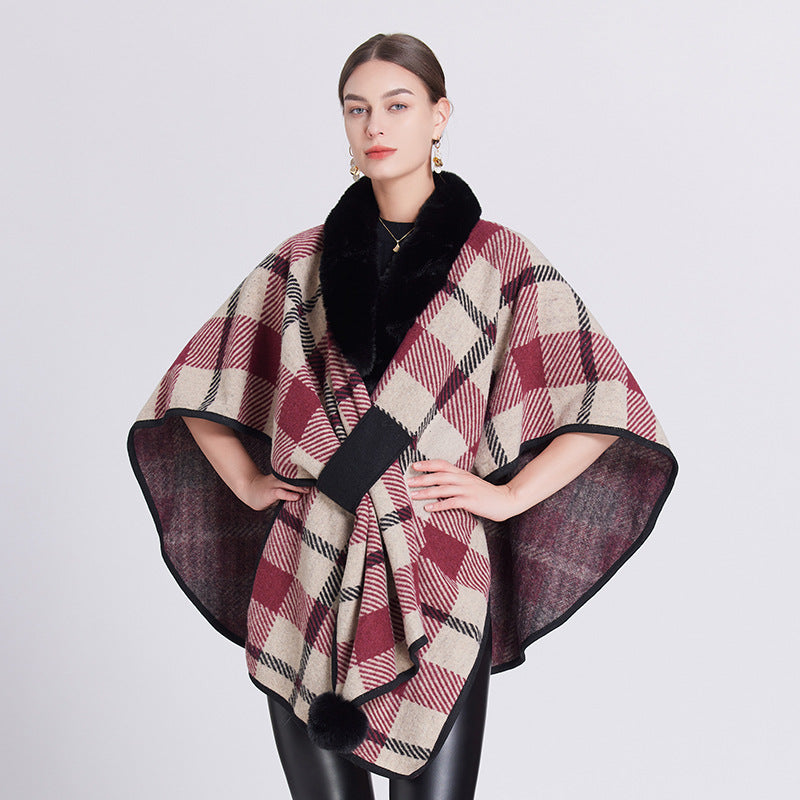 1251 #European and American autumn and winter new shawl cape imitation fur collar plaid cape shawl loose knitted cardigan jacket