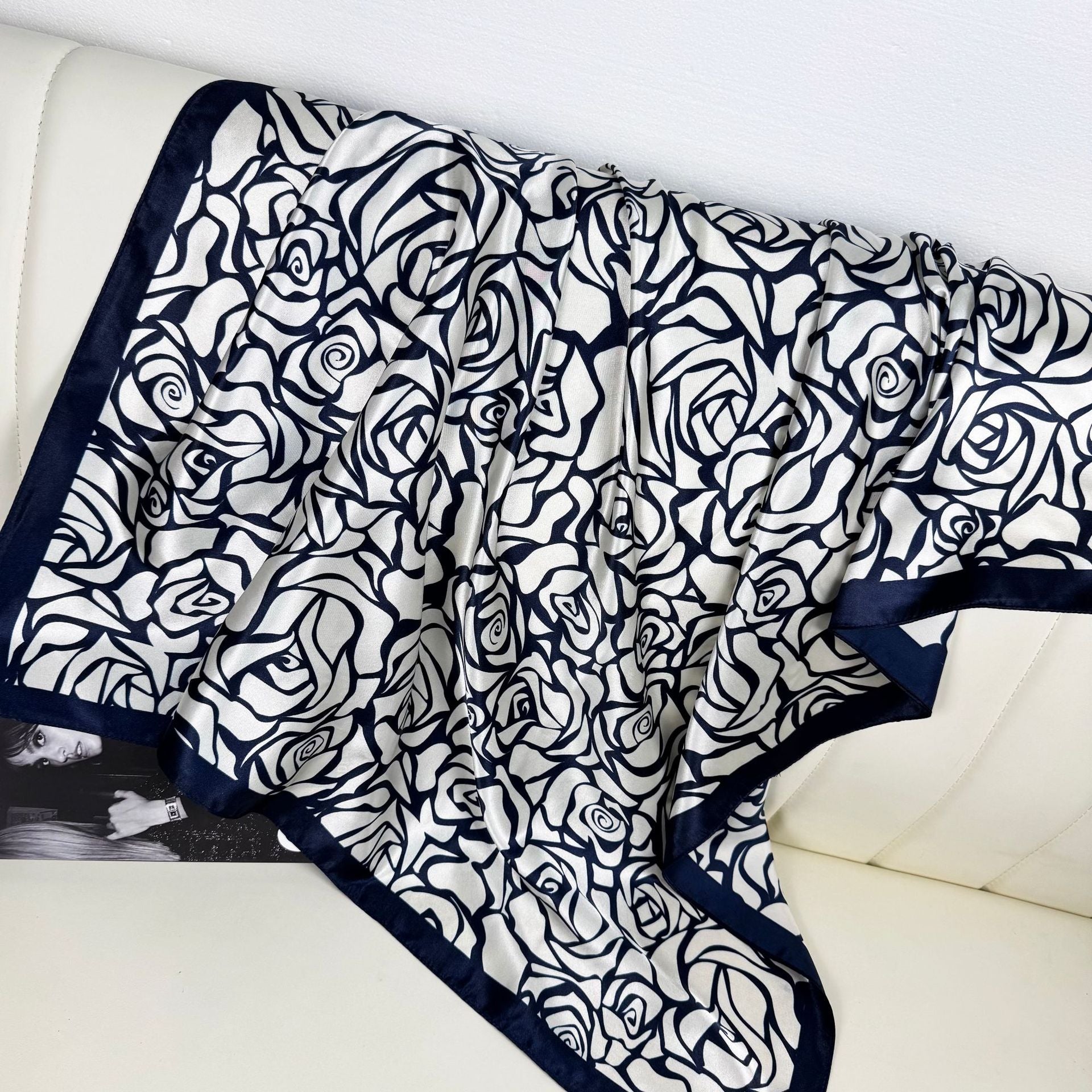 Spring new product, simple and elegant plant flower silk scarf, imitation silk satin 90cm square scarf, ethnic women's headscarf