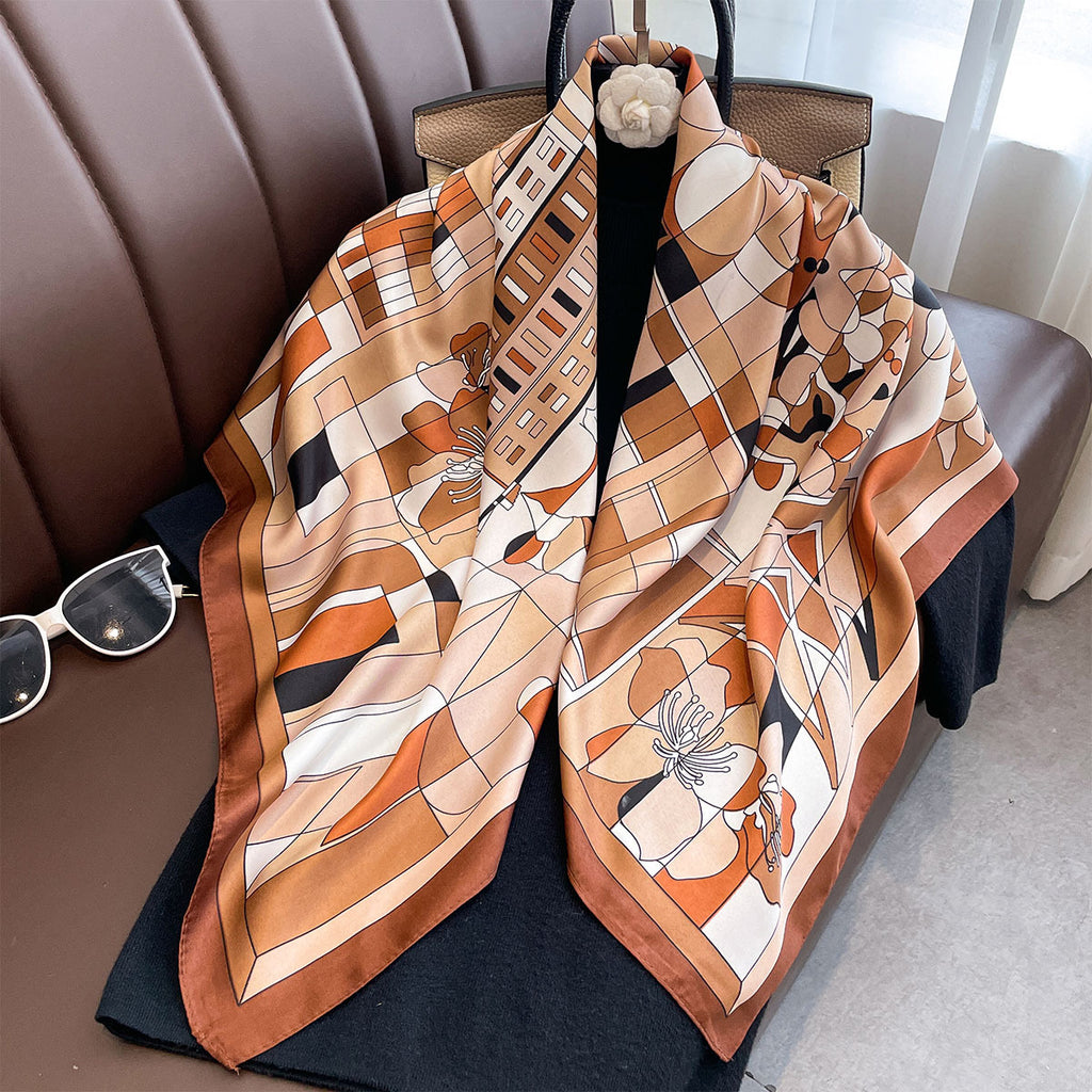 New geometric flower 90 twill large square scarf fashion printing imitation silk windproof shawl headscarf women
