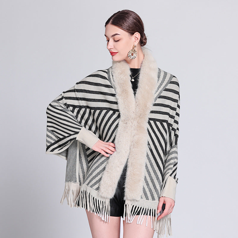 European and American autumn and winter new fashion striped fringed knitted shawl cape versatile cape outer scarf shawl 1233