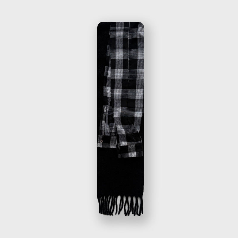 Plaid shirt sleeves splicing deconstruction fun wool blend fringed scarf women's winter wool scarf