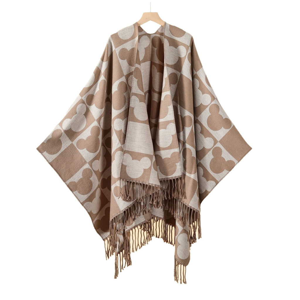 New tassel cartoon picture split shawl women's European and American fashion big-name catwalk cape hot-selling