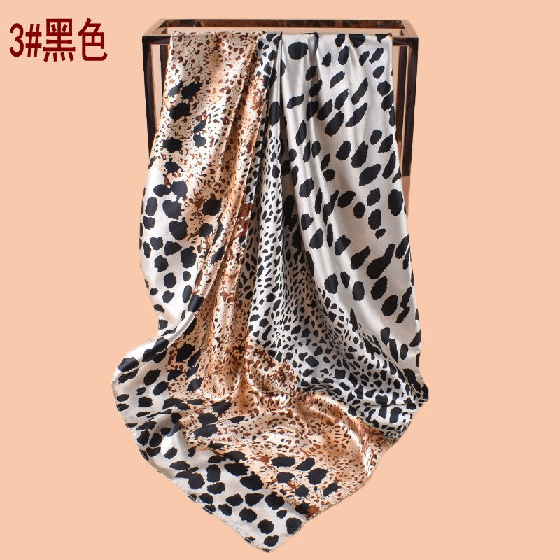 New 90cm-satin color matching size leopard print printed square scarf with sunscreen, bag head silk scarf decoration, scarf