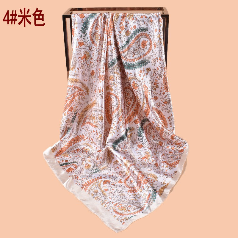 New 90cm satin leaf flower cashew flower printed square scarf with sunscreen, bag head silk scarf decoration, scarf