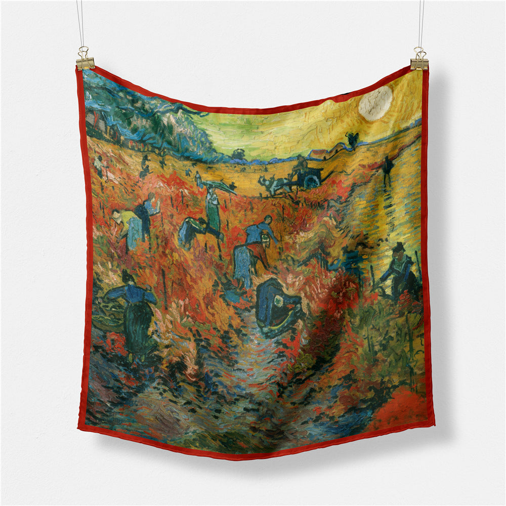 Fashion Van Gogh art oil painting 53cm small square scarf, twill silk imitation silk women's scarf, headband