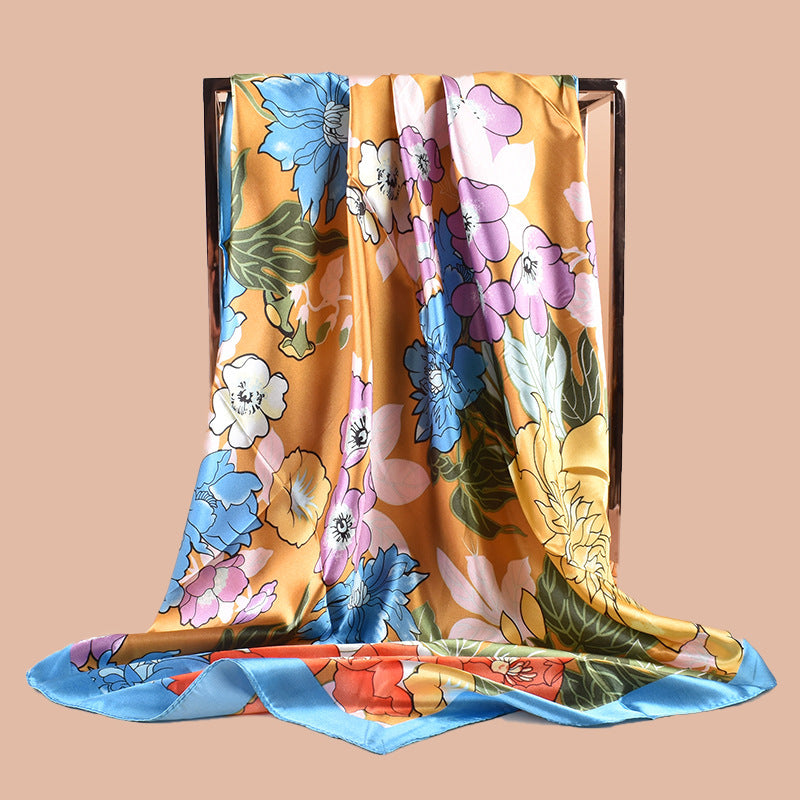 Spring new sweet flower simulation silk printing silk scarf head scarf 90 color diced light luxury square scarf