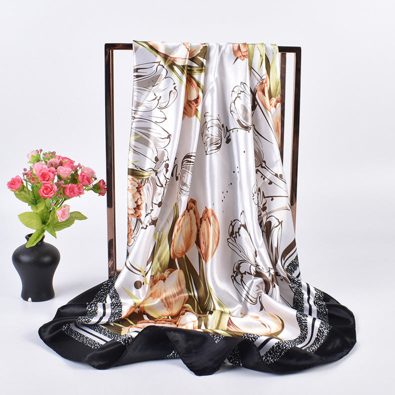 Summer new fashion versatile tulip bouquet print 90-color square scarf silk scarf headscarf