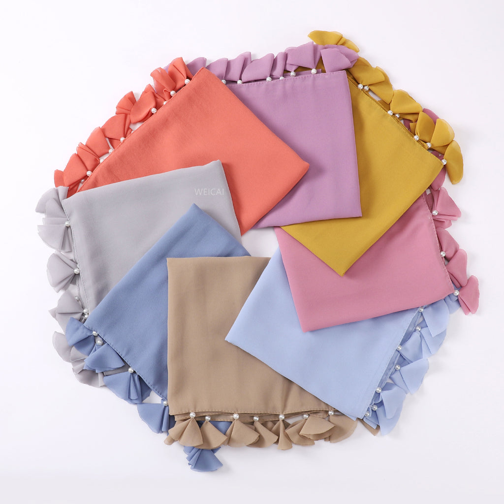 New solid color pearl chiffon flower fringed scarf  scarf Middle East headscarf hijab Malay long scarf