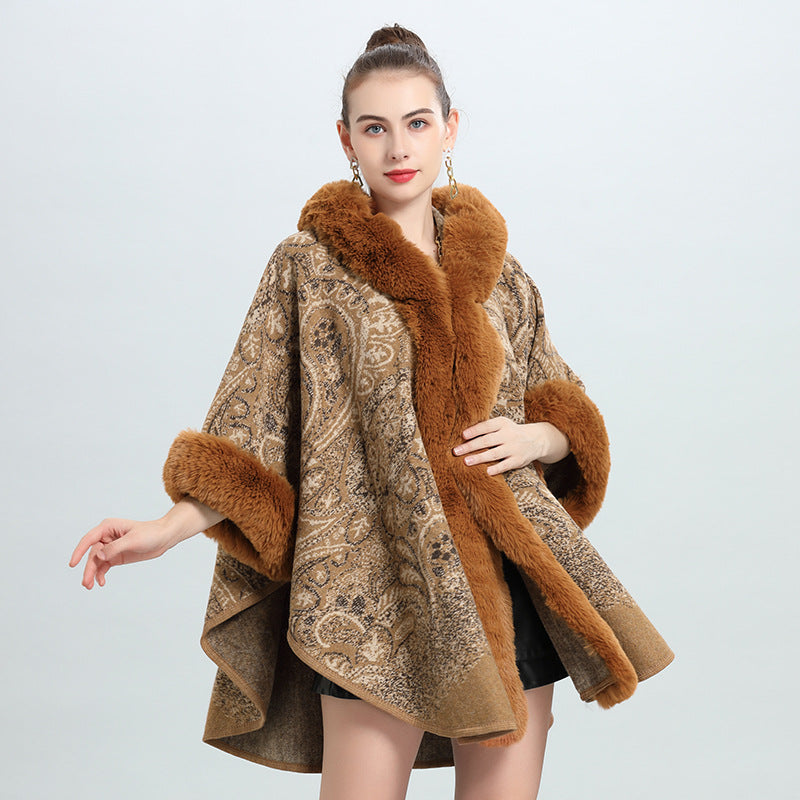 1400 European and American autumn and winter new hooded shawl cape women's imitation fox fur collar versatile woolen coat