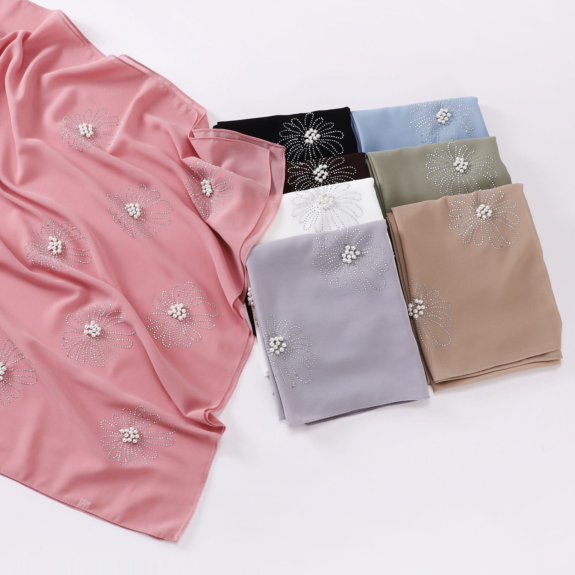New pearl chiffon single-headed flower hot diamond bead scarf, gauze, Middle East and Africa, headscarf hijab.