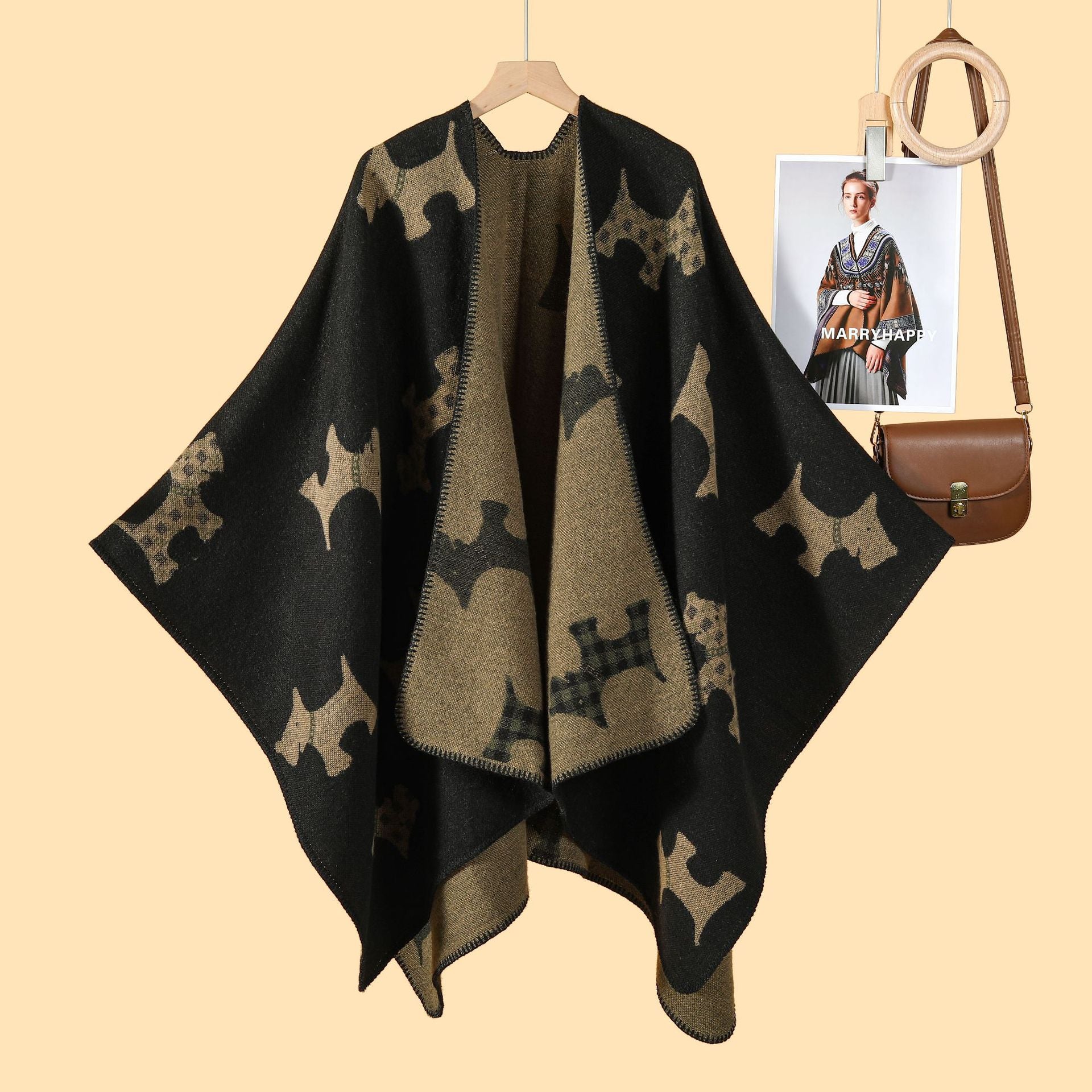 Women's simple cartoon picture split shawl autumn and winter thickened warm jacquard cloak cardigan hot new