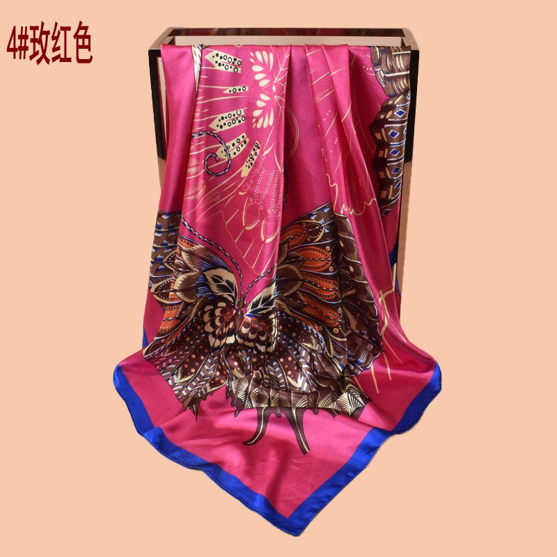 2025 new 90-color simple and elegant butterfly printing square scarf with sunscreen, silk scarf decoration, scarf