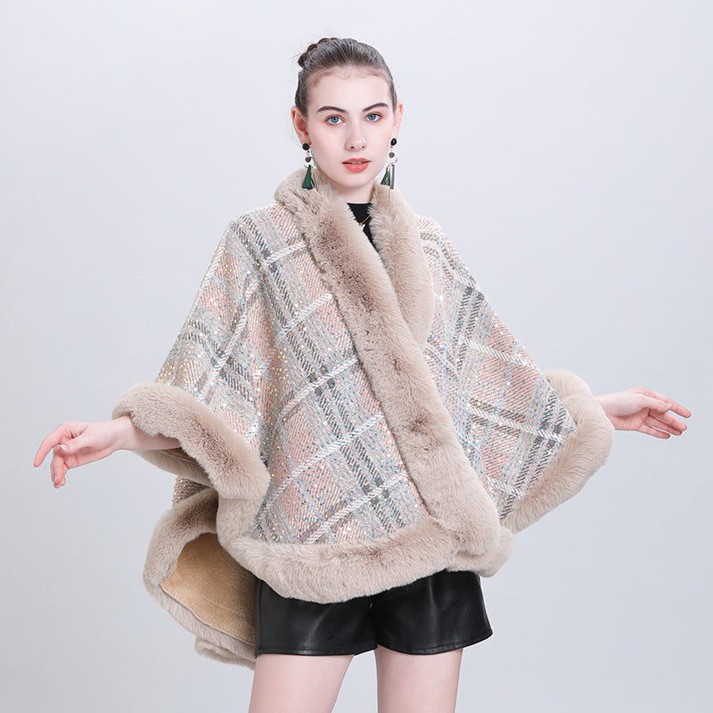 Autumn and winter new sequined knitted shawl fur collar jacket piled and thickened versatile plaid cape shawl Q0999 #
