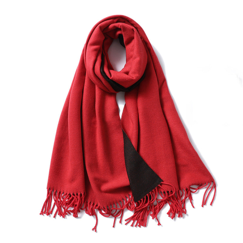 Simple solid color imitation cashmere scarf men's and women's winter thickened warm double-sided two-color versatile fringed shawl core-spun yarn