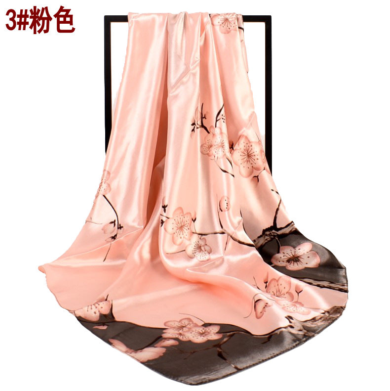 New sweet and fashionable plum blossom flower satin 90cm large square scarf women's silk scarf scarf