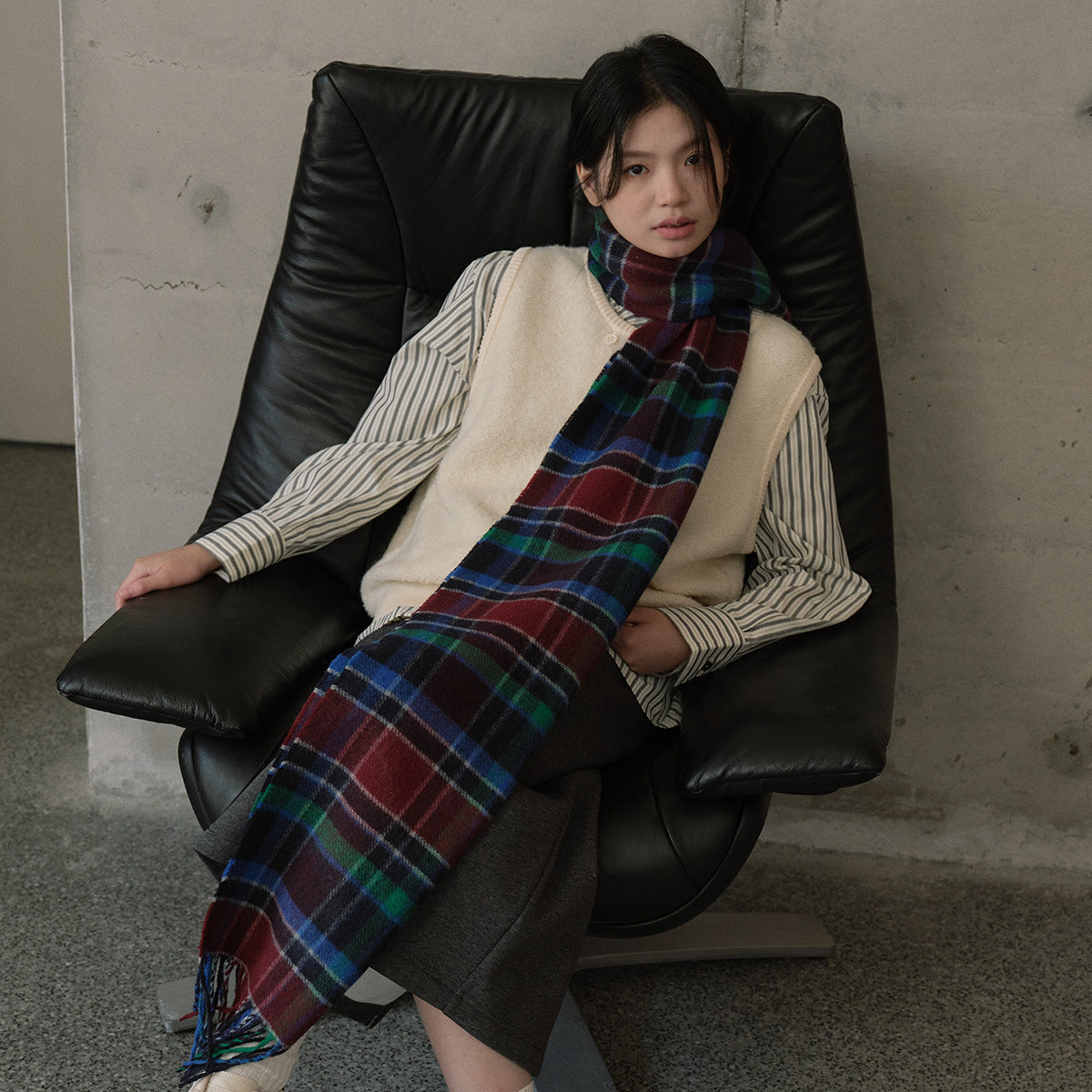 Korean designer wool-blend fringed plaid scarf men's autumn and winter soft plaid scarf