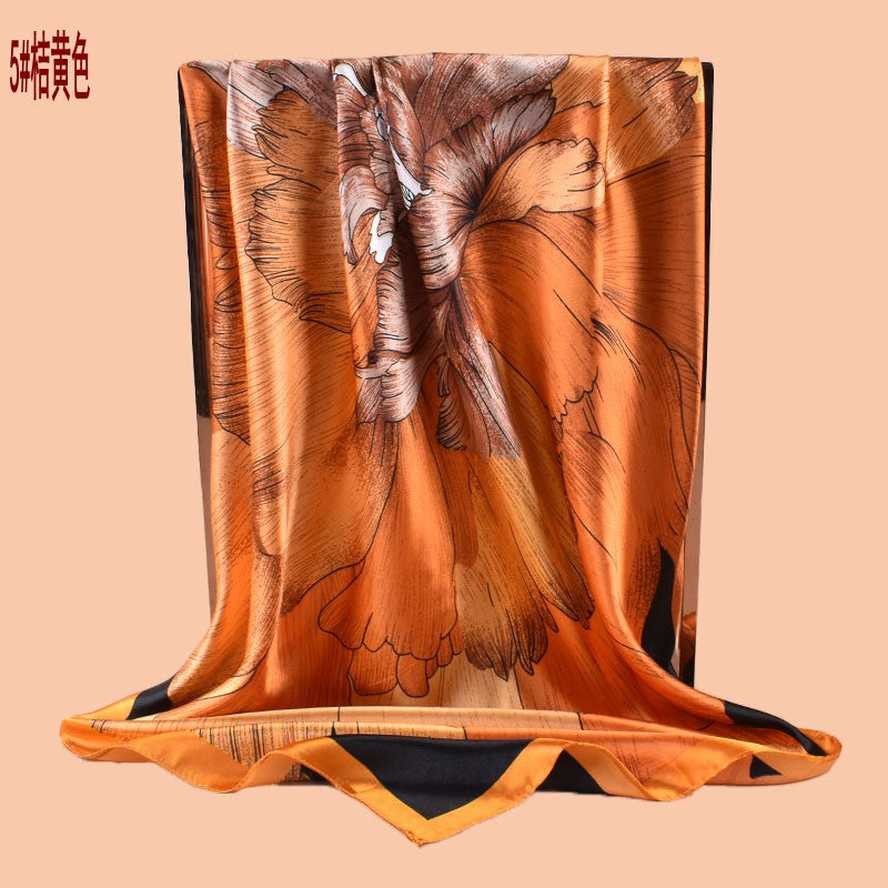 New 90-satin peony flower blooming rich printing square scarf with sunscreen bag head silk scarf decorative scarf