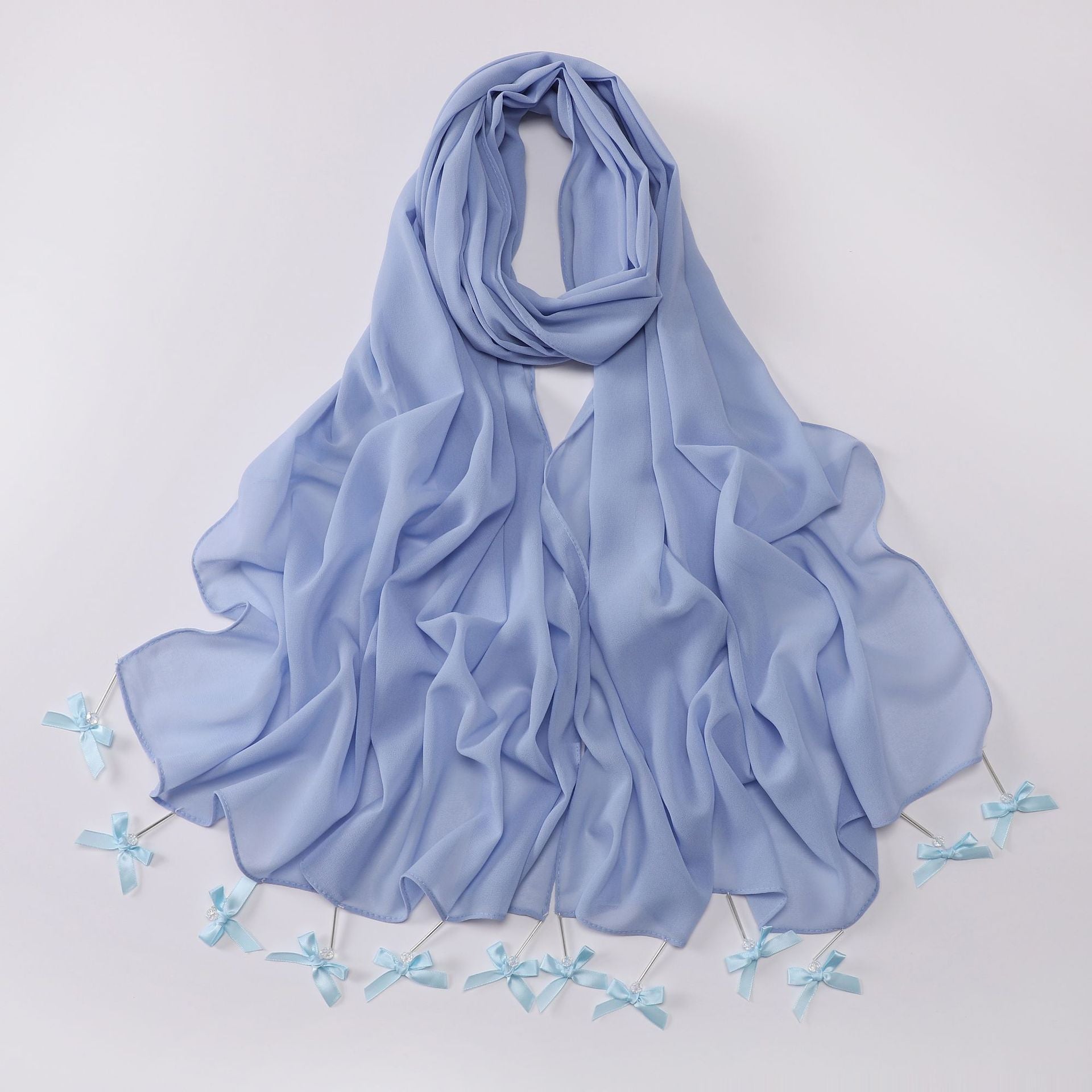 Hand sewn glass tube bow chiffon long towel yarn scarf Malaysia small fresh headscarf