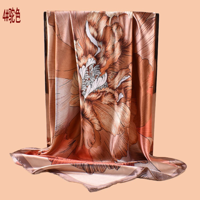 New 90-satin peony flower blooming rich printing square scarf with sunscreen bag head silk scarf decorative scarf