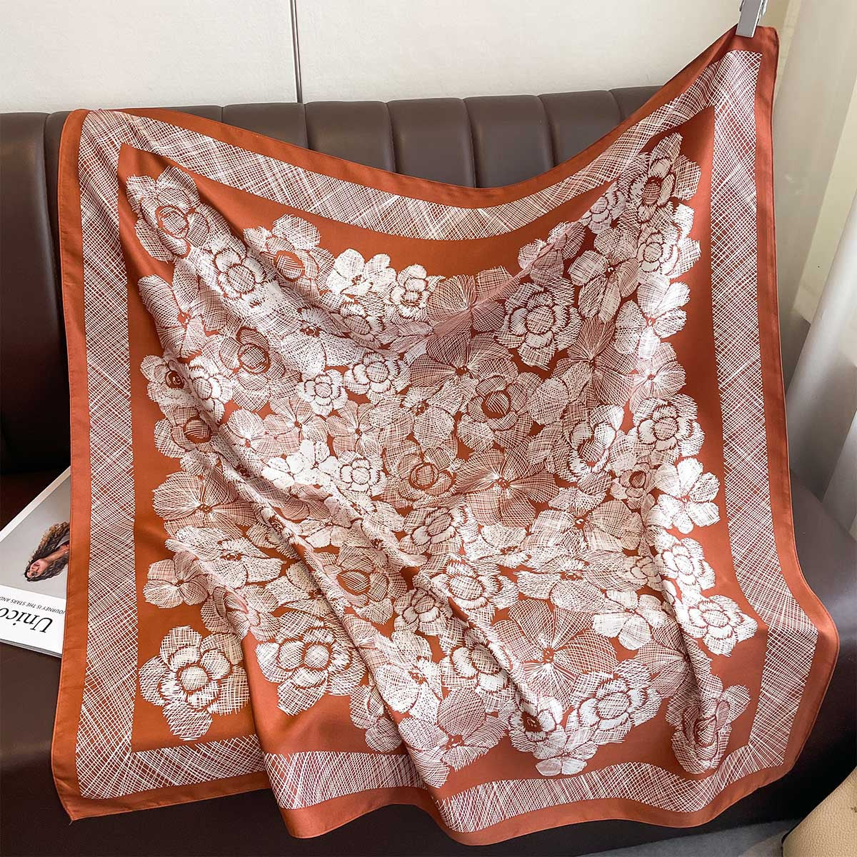 Spring and Autumn Thin Plant Flower Printing Neck Protection Scarf Women's 90 Twill Square Scarf Premium Foreign Shawl